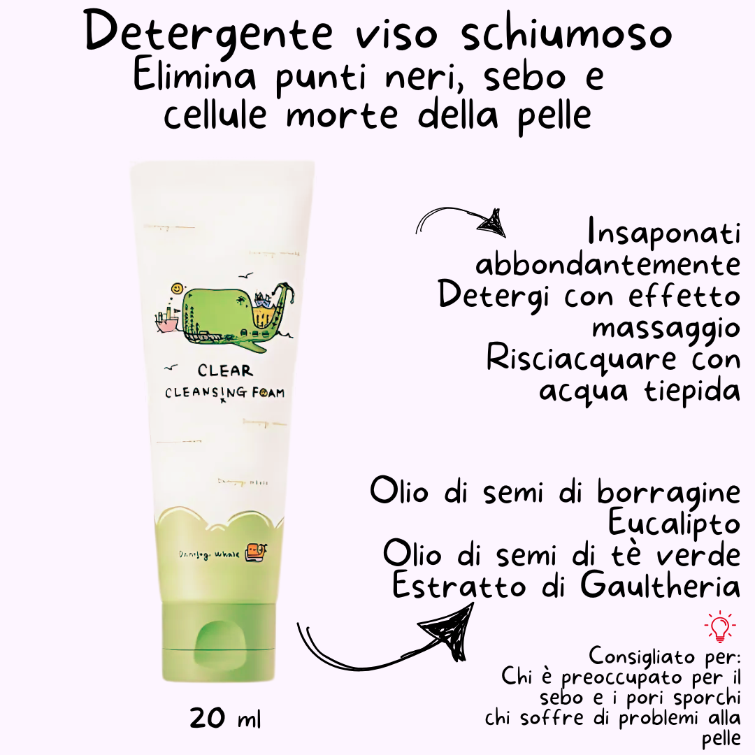 INDICAZIONI UTILIZZO DETERGENTE COREANO CLEAR CLEANSING FOAM - 20 ML