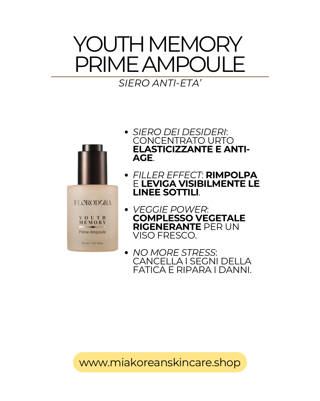 YOUTH MEMORY BY FLORODORA - Siero viso antiage TRI PEPTIDE-5 e proteine vegetali 30 ml