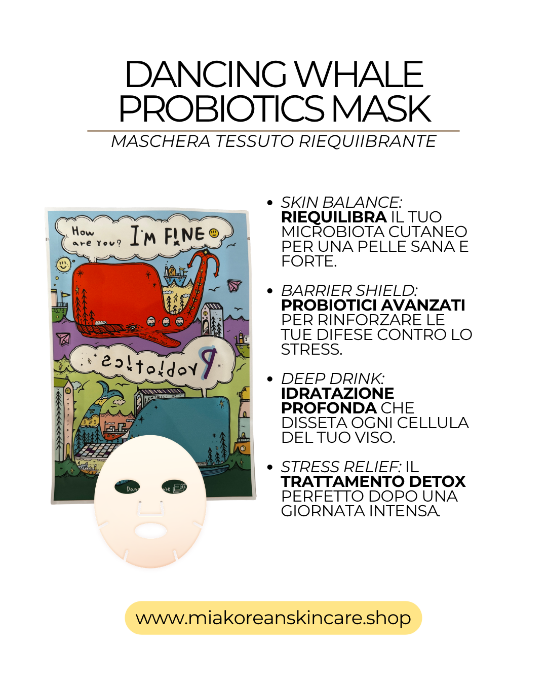 DANCING WHALE - Maschera viso in tessuto nutriente protettiva con probiotici 1 pz
