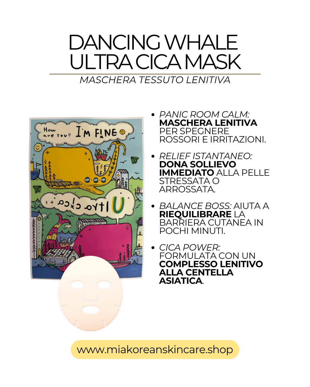 DANCING WHALE - Maschera viso in tessuto curativa contro le irritazioni 1 pz