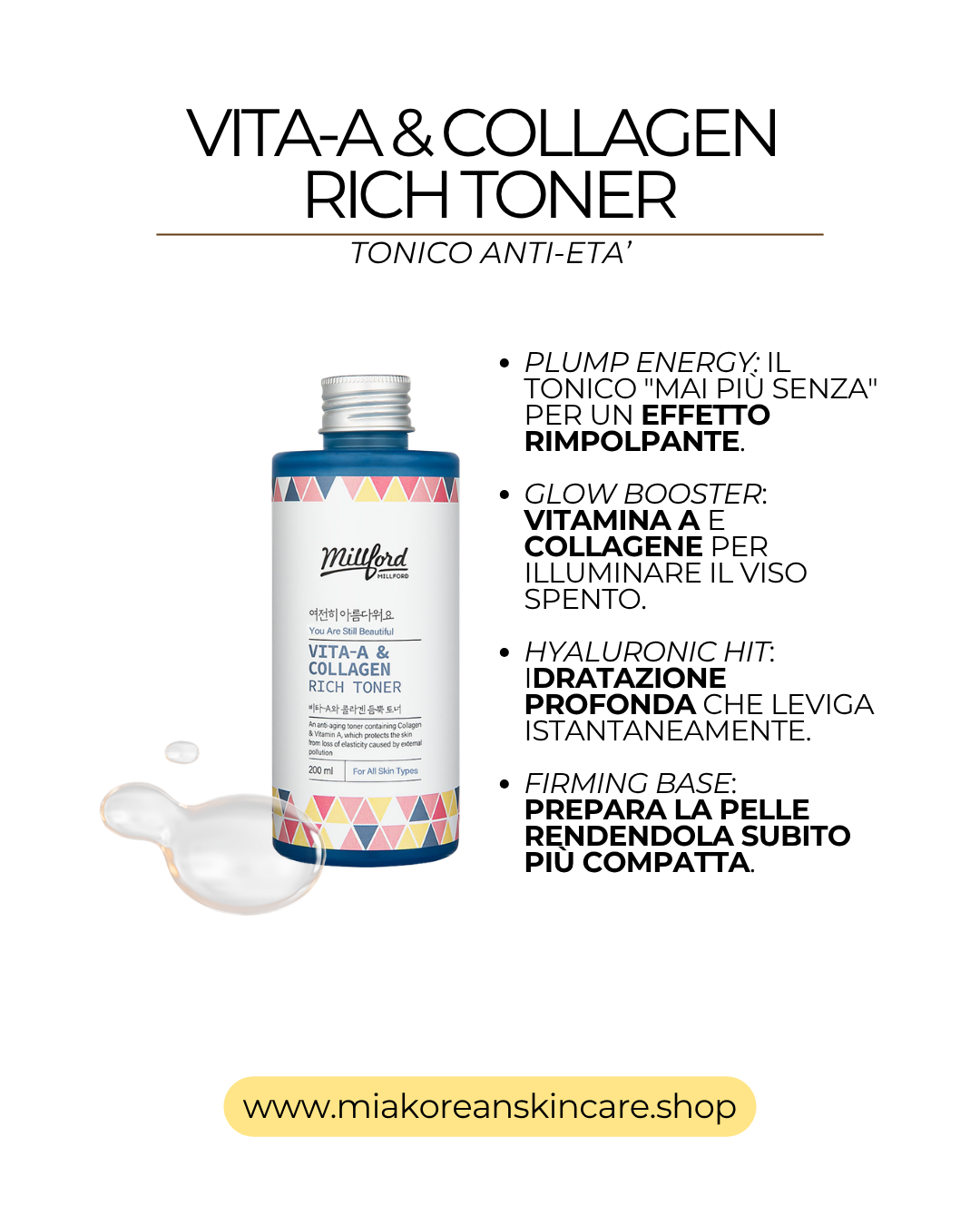 MILLFORD - Tonico viso con vitamina A e collagene