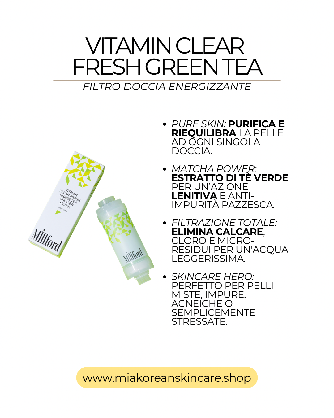 MILLFORD - Filtro doccia detergente idratazione intensa con vitamine aroma te verde